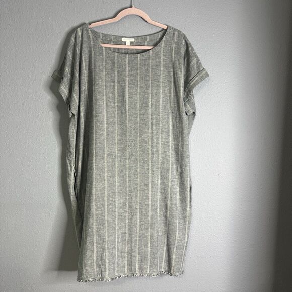 Eileen Fisher XL Gray Organic Cotton/Hemp Striped Shift Dress Lagenlook Neutral - Picture 2 of 8